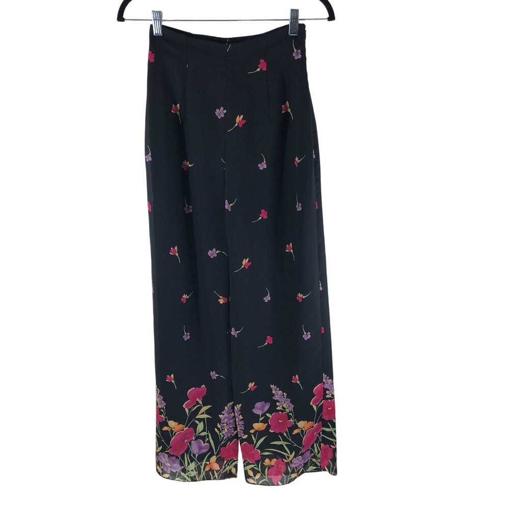 Taiga Womens 4 Palazzo Pants Black Floral Wide Leg Border Print USA Vintage Y2K